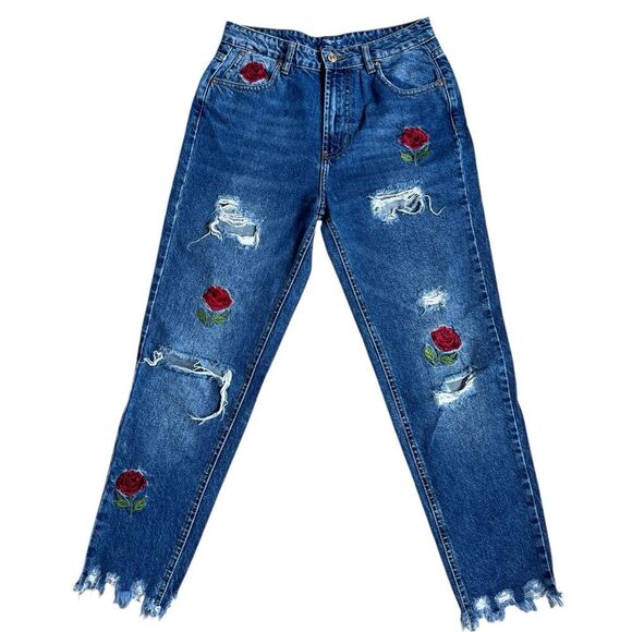 Pull&Bear Distressed Rose Embroidered Jeans Size 26 - Picture 1 of 9